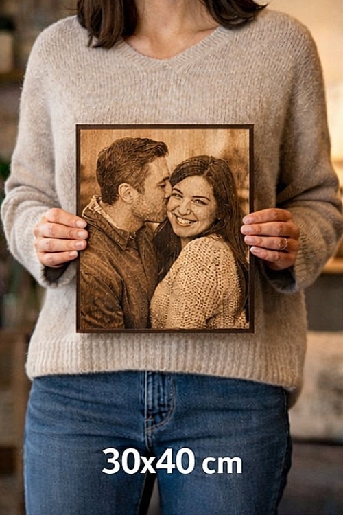 Tableau gravé sur bois personnalisé 40x30 cm avec photo de famille